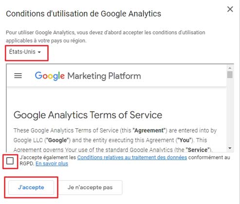 Google Analytics : accepter les conditions d'utilisations