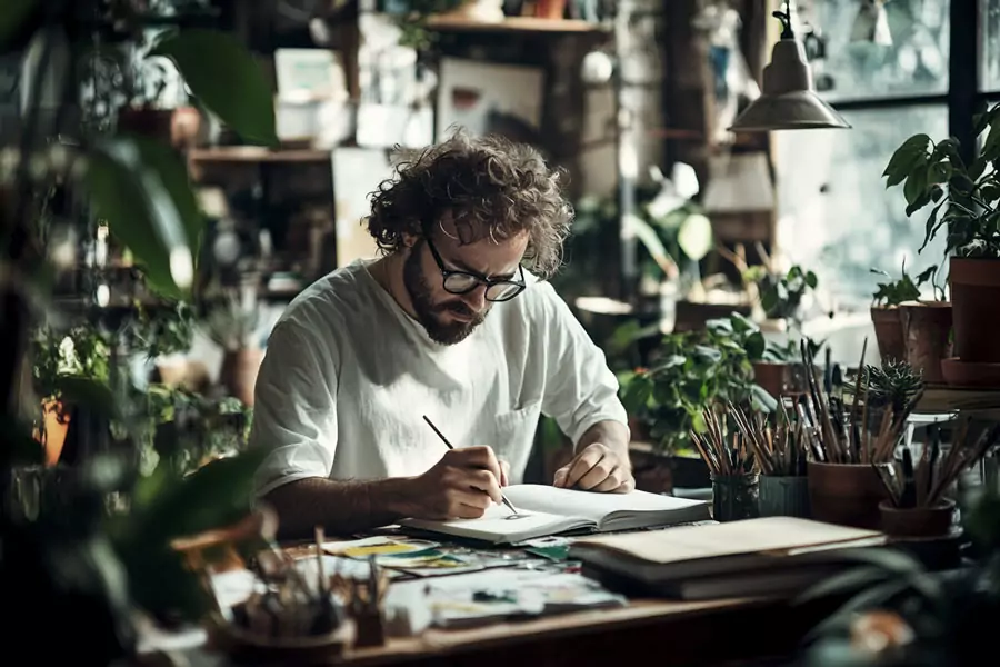 Artisan ou artiste dans son atelier, concentré en train de dessiner dans un carnet — une scène qui illustre le travail de réflexion autour du client idéal.