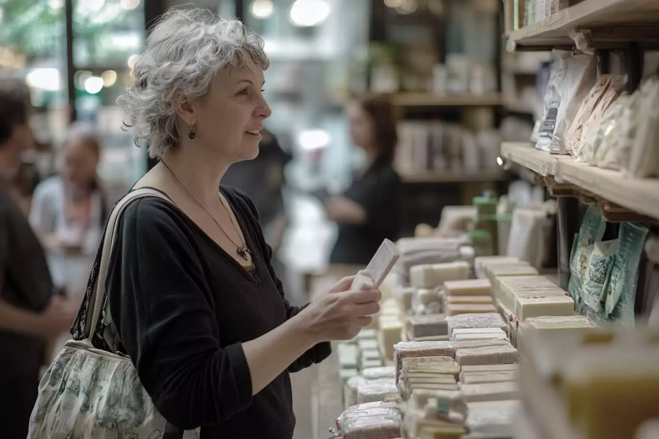 Femme dans une boutique choisissant du savon artisanal, exemple de véritable cliente à identifier