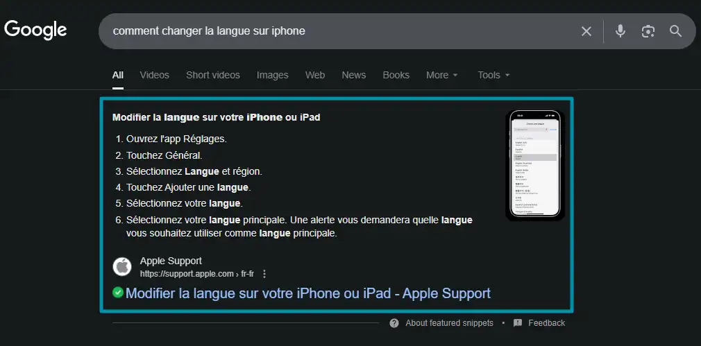 position-zero-google Capture d’écran d’un résultat Google avec un featured snippet, c’est-à-dire un encadré qui met en avant un extrait de site en première position pour répondre directement à la question d’un internaute.