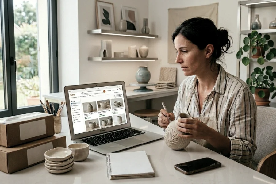 Créatrice dans son atelier gérant sa boutique en ligne après l'augmentation des frais d'exploitation réglementaires sur Etsy.